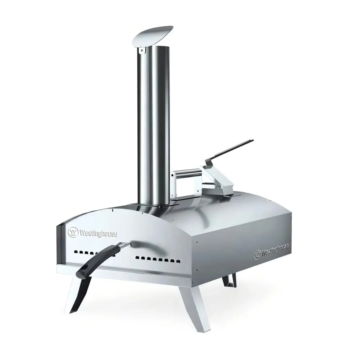 HORNO PARA PIZZA Horno portátil para pizza artesanal marca Westinghouse, fabricado en acero inoxidable con chimenea alta, patas plegables y mango frontal de agarre frío.